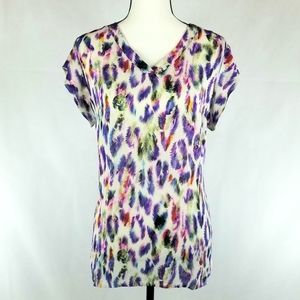 CAbi Multicolor Feather-Print V-Neck Blouse (White, Purple, Green, Pink)